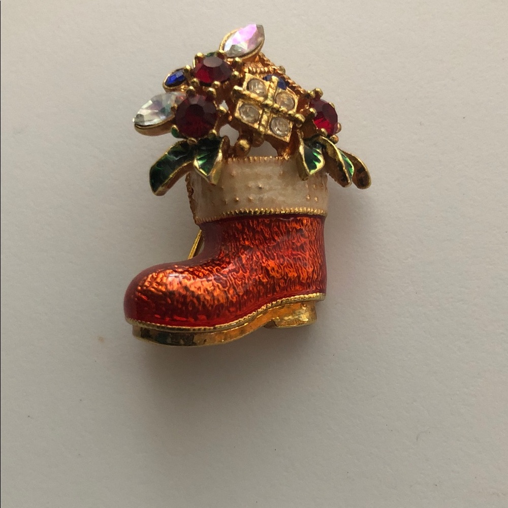 Avon Red Enamel Christmas Boot Brooch with Multicolor Rhinestones